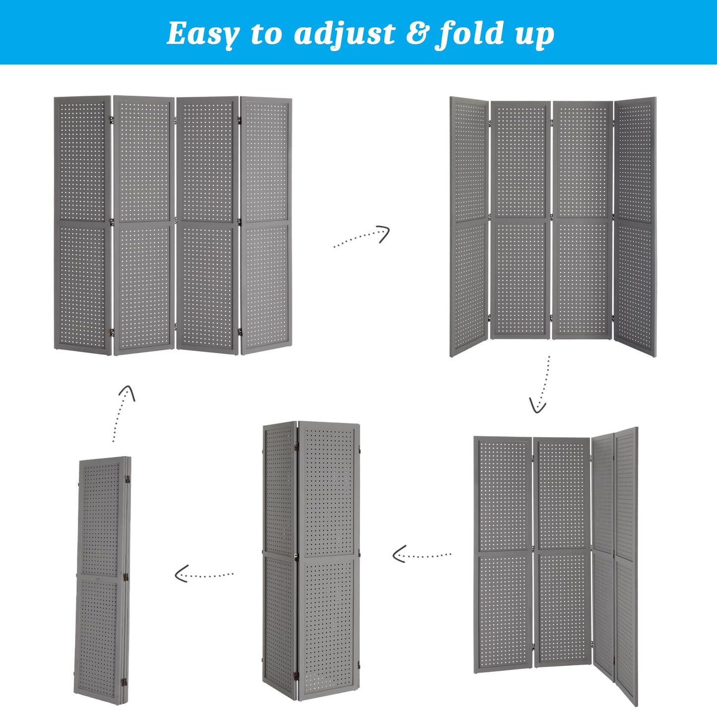 Bonnlo 4 Panel Pegboard Freestanding, 5 FT Portable Display Board Organizer for Craft Show Jewelry, Wooden Folding Privacy Screen Room Divider (with Base, Grey)