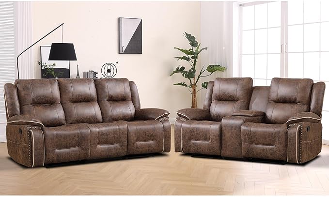 EBELLO Manual Recliner Sofa Set, Faux Leather Reclining Loveseat and 3 Seater
