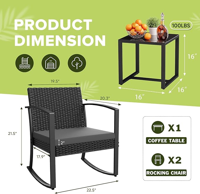 Homall Patio Furniture Set 3 Piece Resin Outdoor Bistro Set Rocking Patio Chairs