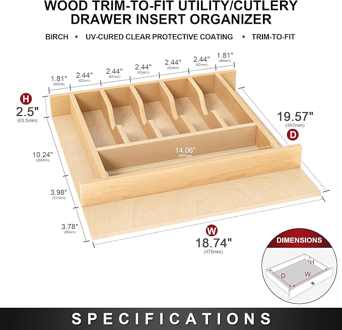Clikuutory Natural Birch Wood Utensil Drawer Insert Organizer with 9 Compartments, Space-Saving Sturdy Drop-In Cutlery Divider Tray, Kitchen Cabinet Storage for Silverware, Spoons, Forks and Knives