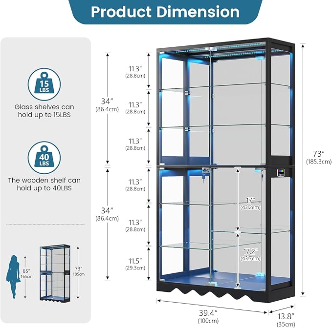 Large Display Cabinet with Glass Doors, 8-Tier RGB Curio Cabinet with Smart