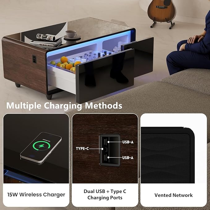 Smart Coffee Table with Fridge and Bluetooth, Smart Living Room Table with Frozen Drawers, Dual Speakers, 15W Wireless Charger, Touch Control, USB Ports, Atmosphere Light, LT90 Ultra-Brown
