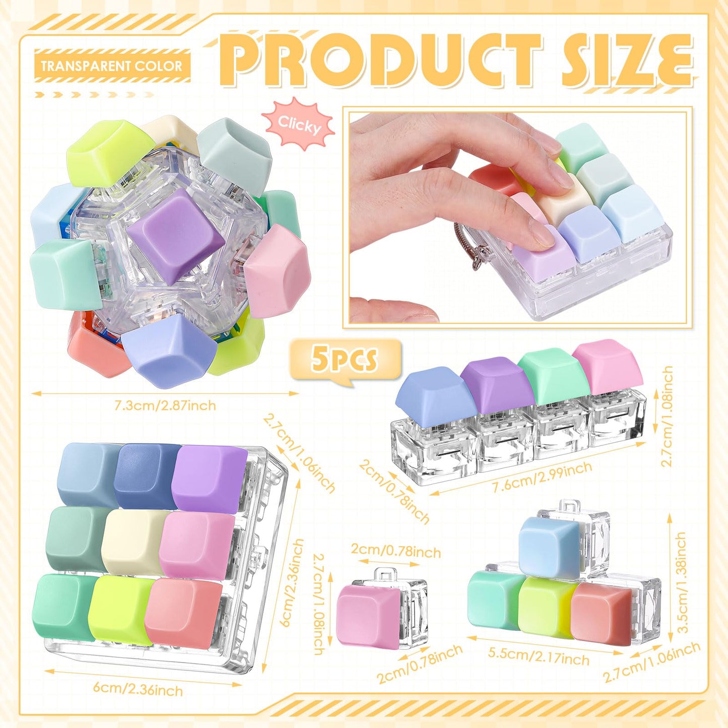 Halloscume 5 Pcs Keyboard Adult Fidget Clicker in 5 Styles Keyboard Fidget Keychain Cube Mechanical Key Button Clicker Stress Relief Gift for Office Home Pass Time(Macaron Colors)