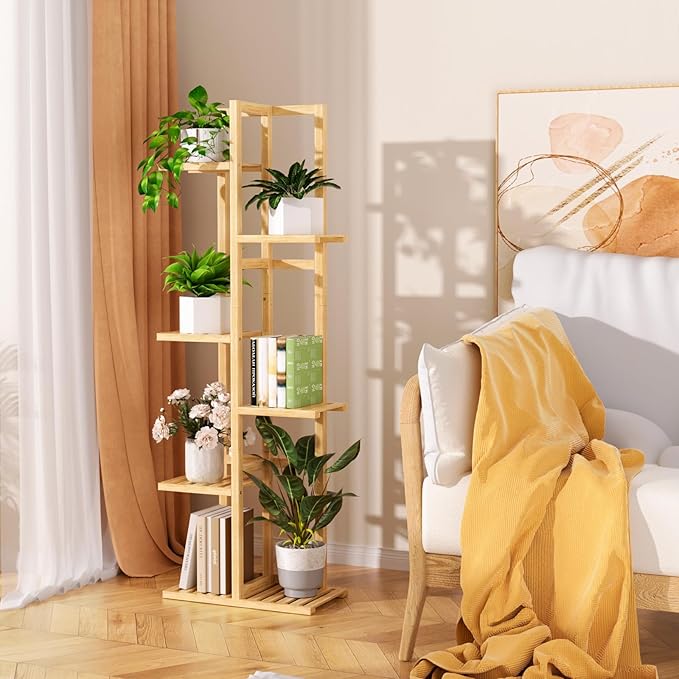 ROMGUAR CRAFT 6 Tier Bamboo Plant Stand Indoor, Wood Tall Flower Holder Corner