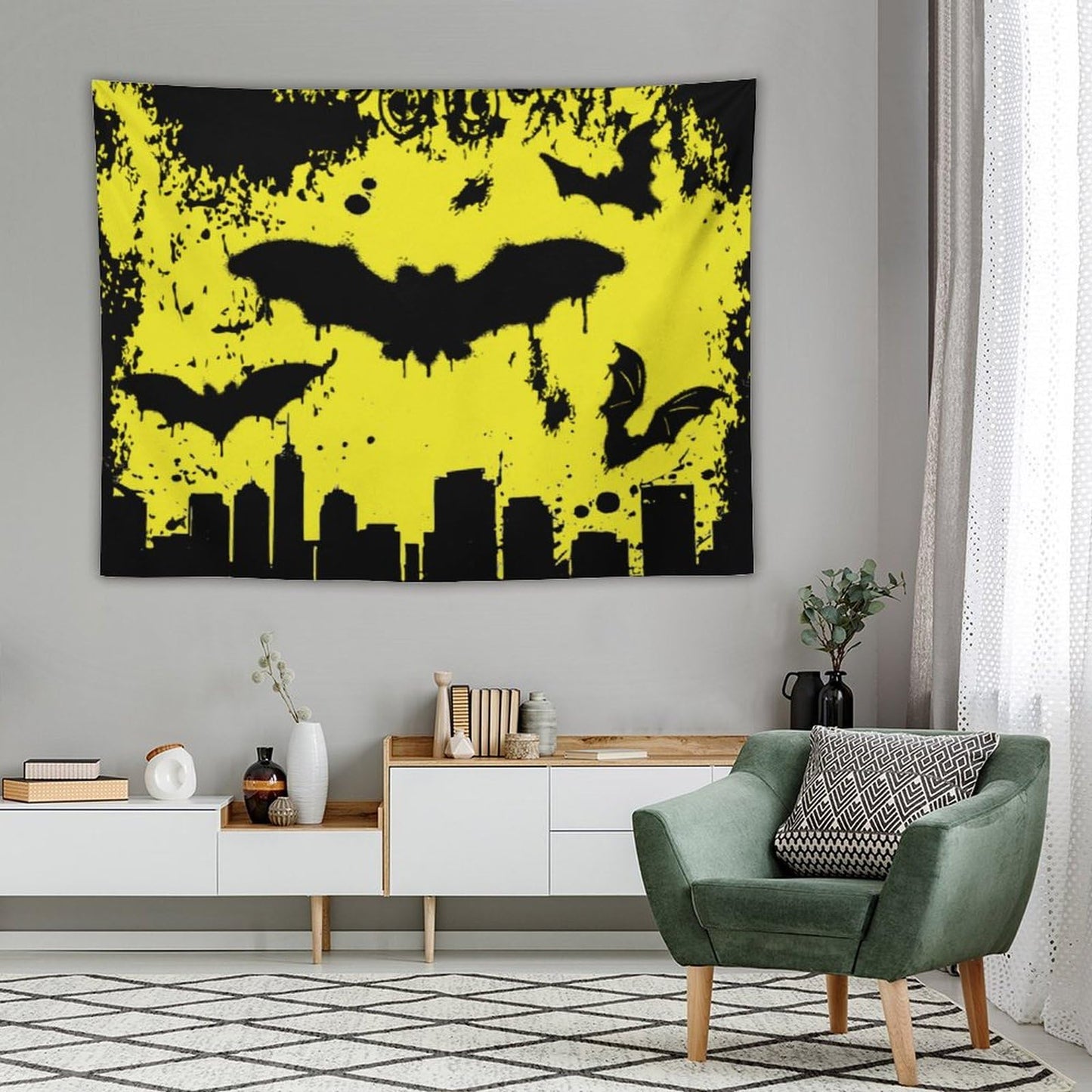 Bat Tapestry,Yellow and Black Design Cartoon Tapestry for Boys Girls Teens,Modern Art Print Tapestry Wall Hanging Home Décor for Game Room Play Room Bedroom Living Room 80" x 60"