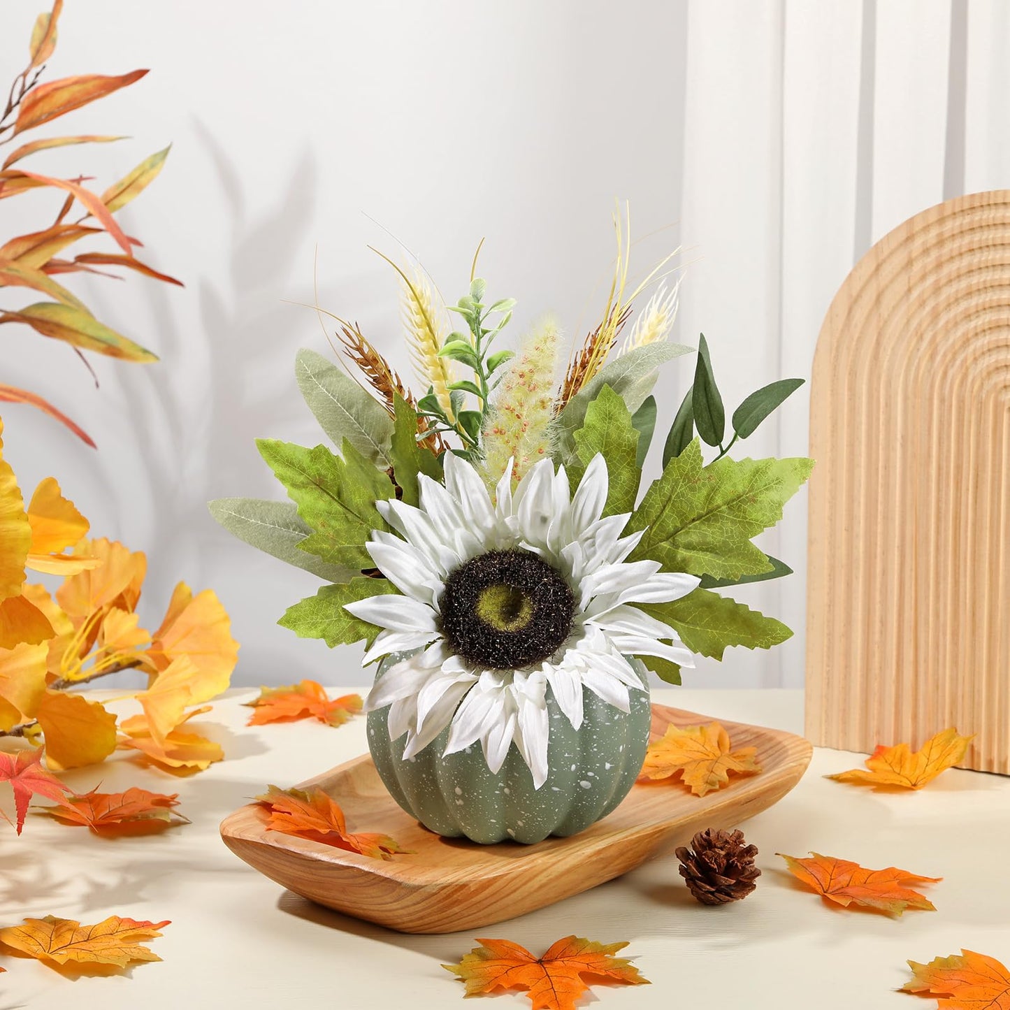 Artificial Pumpkin Floral Arrangement with White Sunflowers & Autumn Leaves – Fall Table Centerpiece for Thanksgiving, Halloween & Harvest Décor – Rustic Farmhouse Pumpkin Autumn Décor