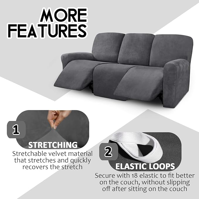ULTICOR Velvet 8-Pieces Recliner Sofa Covers Stretch Reclining Couch Covers