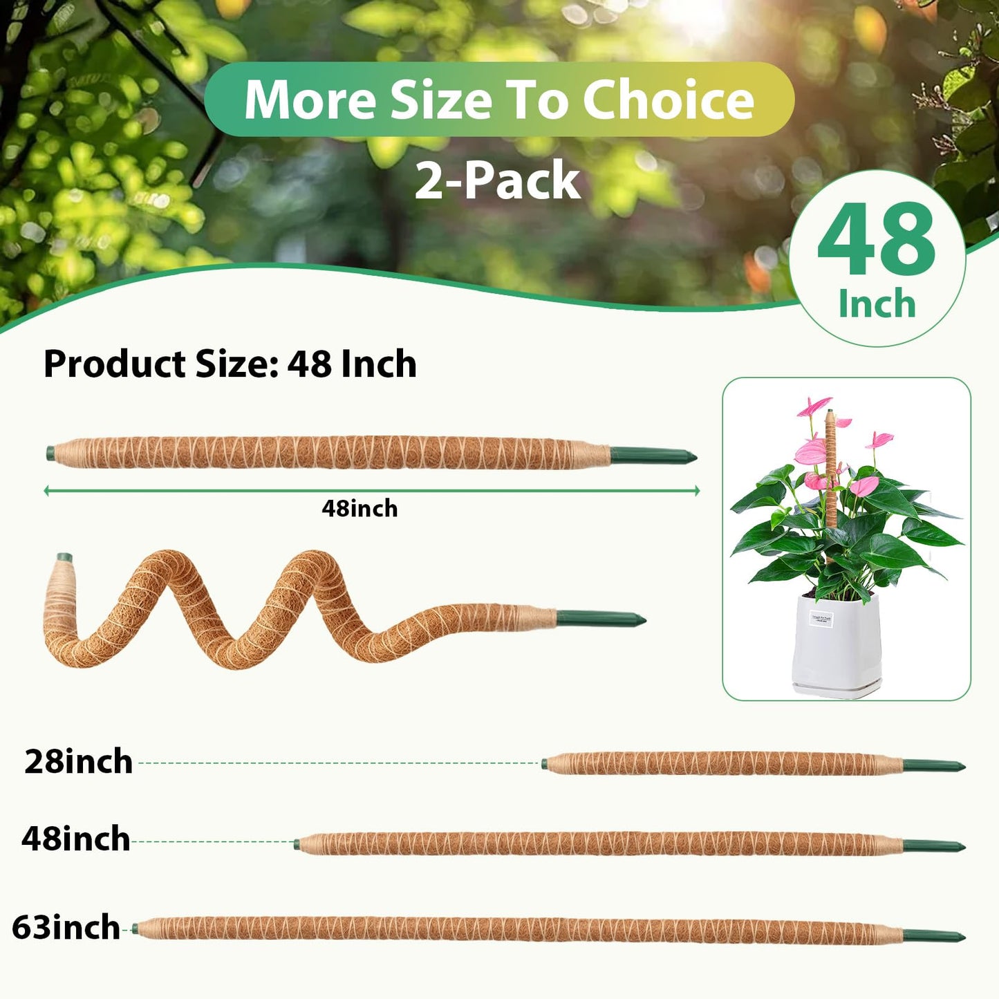 Growvy 2 Pack Bendable Moss Pole, 48" DIY Shape Monstera Plant Support for Climbing Indoor Plants, Coco Coir Plant Support Stake for Monstera, Pothos, Philodendron & Indoor Potted Vines