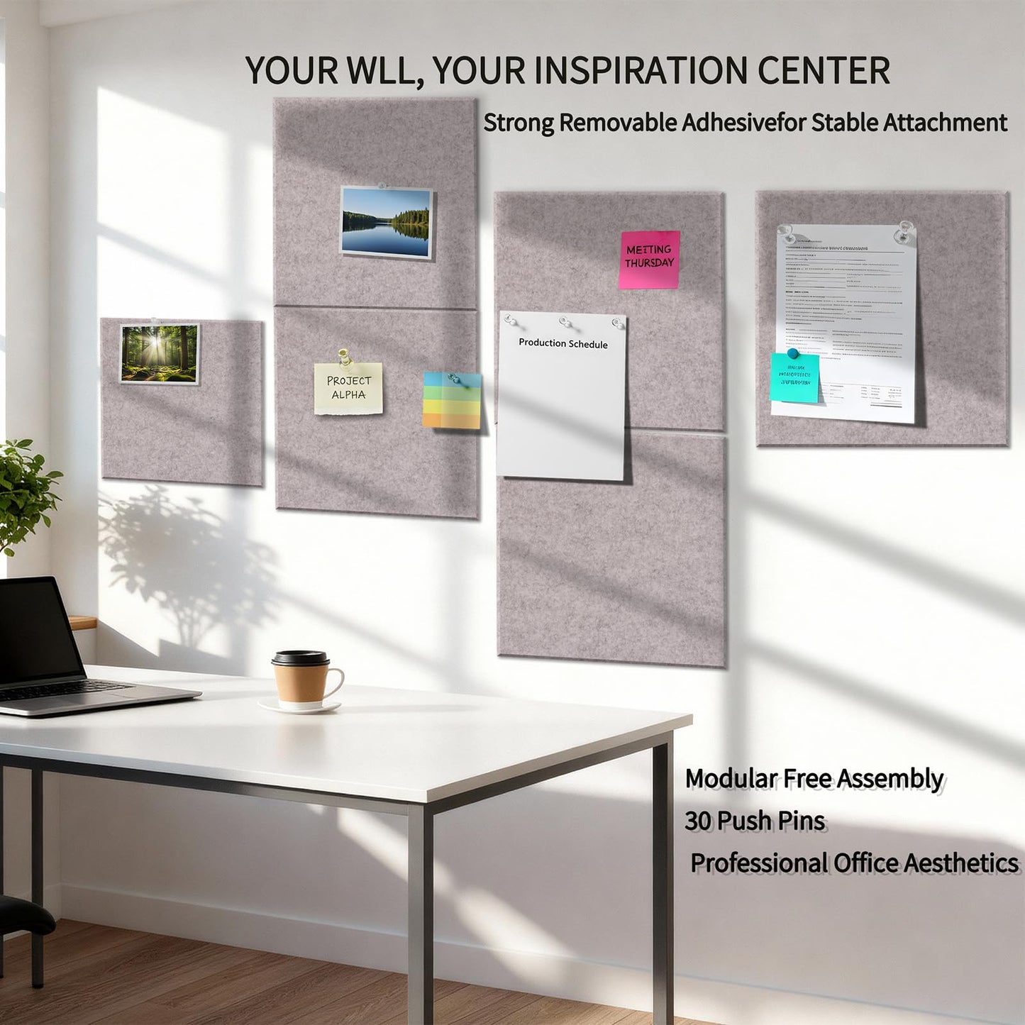 12 Pack Bulletin Boards 48" x 36" Alternative Cork Board for Office,Built-in Storage Device，Large Cork Boards for Walls ， Felt Wall Tiles, Contains Removable Security Stickers and PushPins (F-Gray)