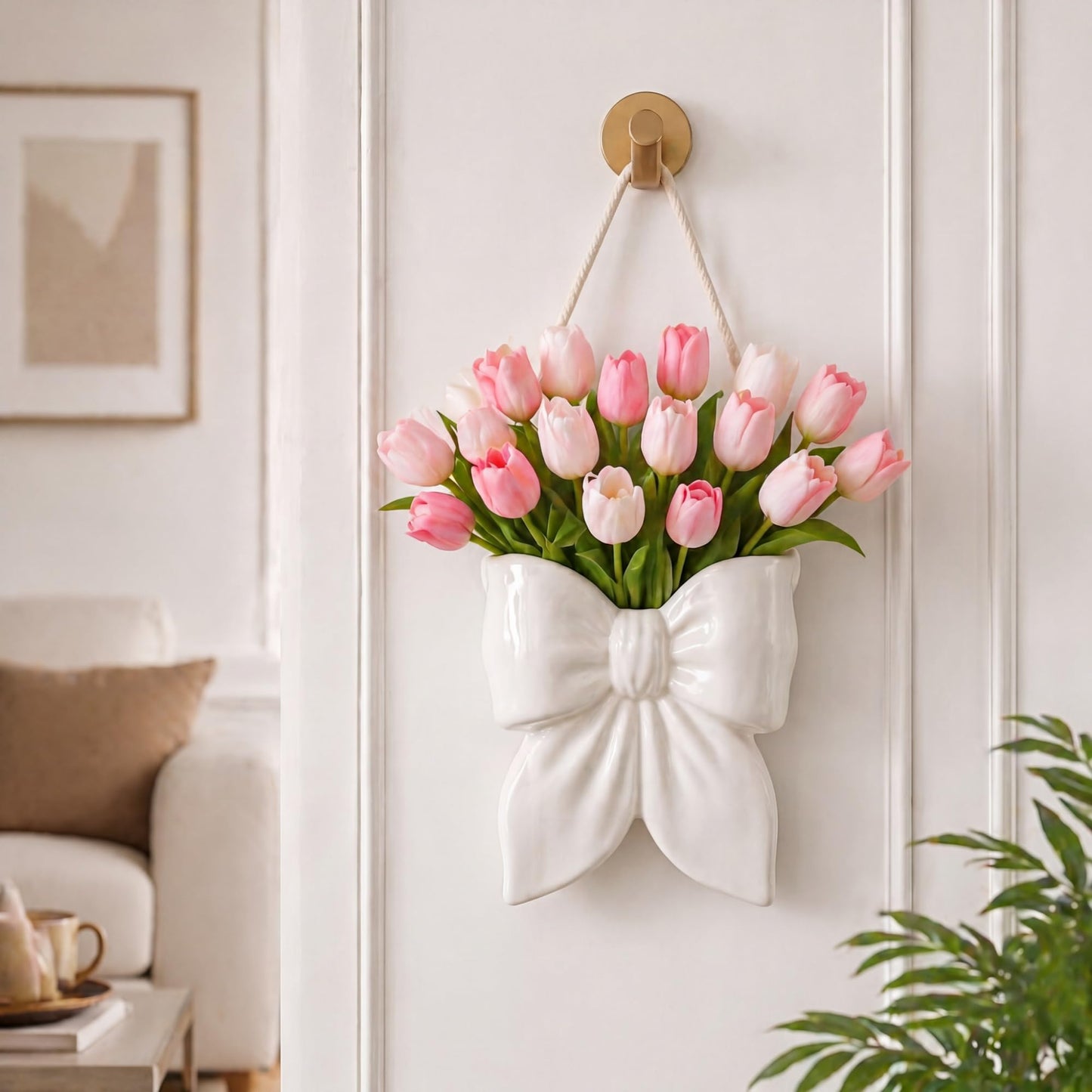 Ninehaoou Boho Hanging Wall Planters for Indoor Plants Ceramic Wall Vase for Flower Nursery Bow Decor Cute Hanging Planter Flower Pot Coquette Decor for Bedroom Living Room(White)