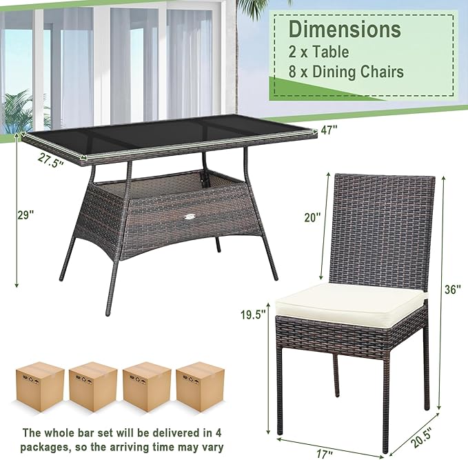 Tangkula 10 Pieces Wicker Patio Dining Set, Outdoor Rattan Table & Chairs Set