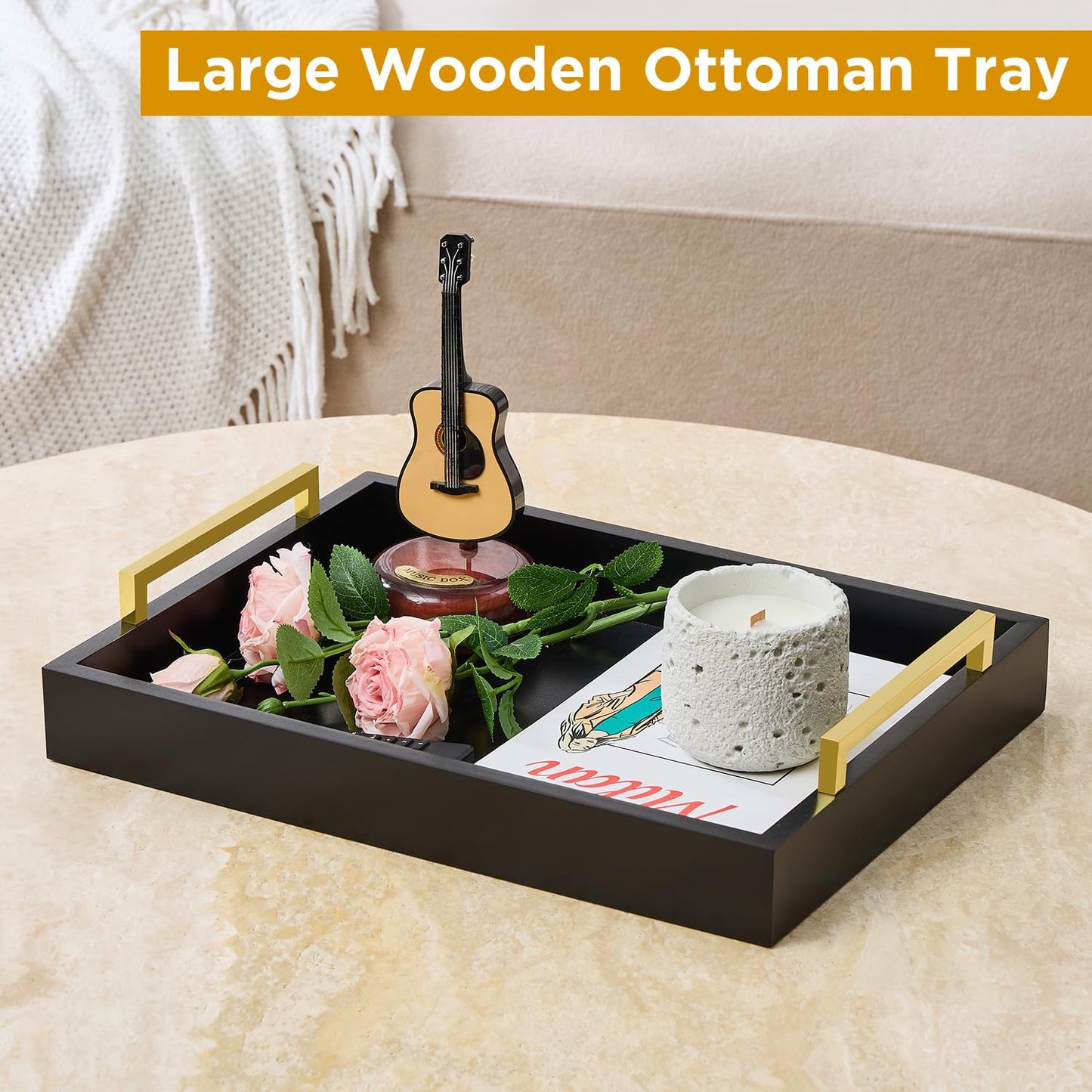 16"x12" Serving Trays with Handles, Black Decorative Serving Tray, Ottoman Trays for, Living Room, Bathroom, and Outdoors Decorative Trays (Black)