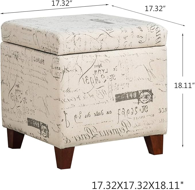 Adeco Fabric Script Pattern Cube Storage Footstool, Hinged Lid, Solid Wood Legs