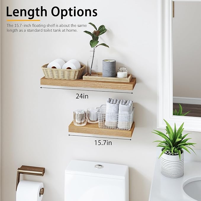 Oak Floating Shelves for Wall，24in Wall Mounted Display Ledge Shelves Perfect