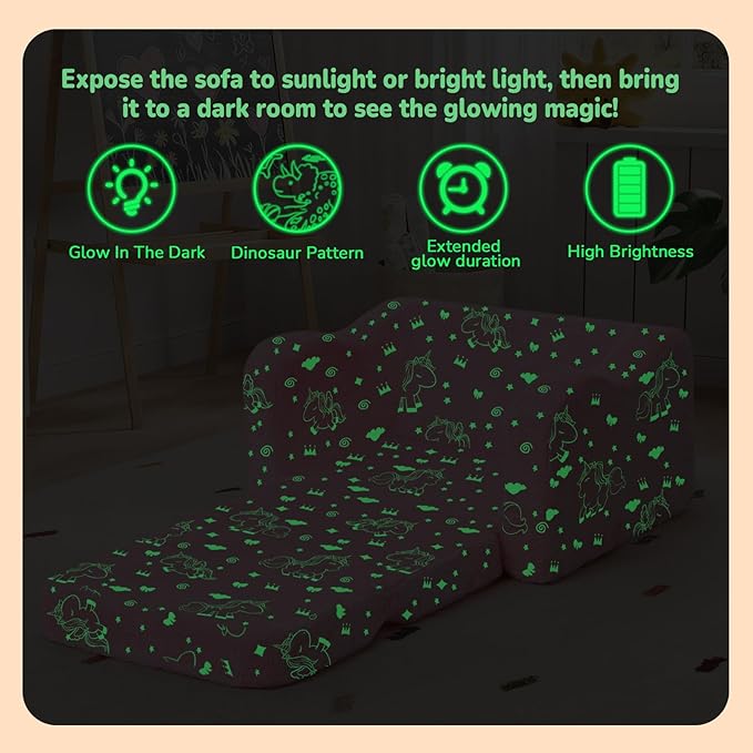 MeMoreCool Glowing Unicorn Kids Chair, 2-in-1 Glow in the Dark Kids Couch Fold