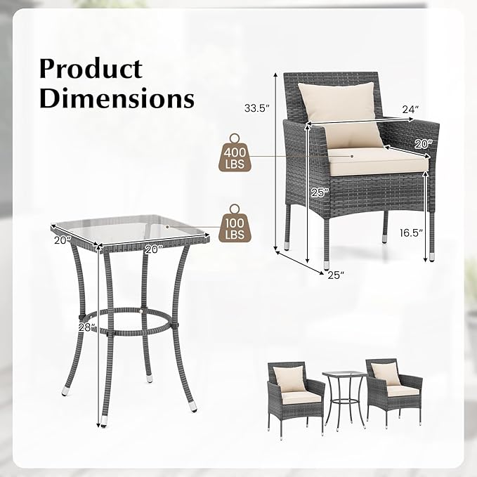 Tangkula 3-Piece Patio Furniture Set, PE Wicker Conversation Bistro Set w/A