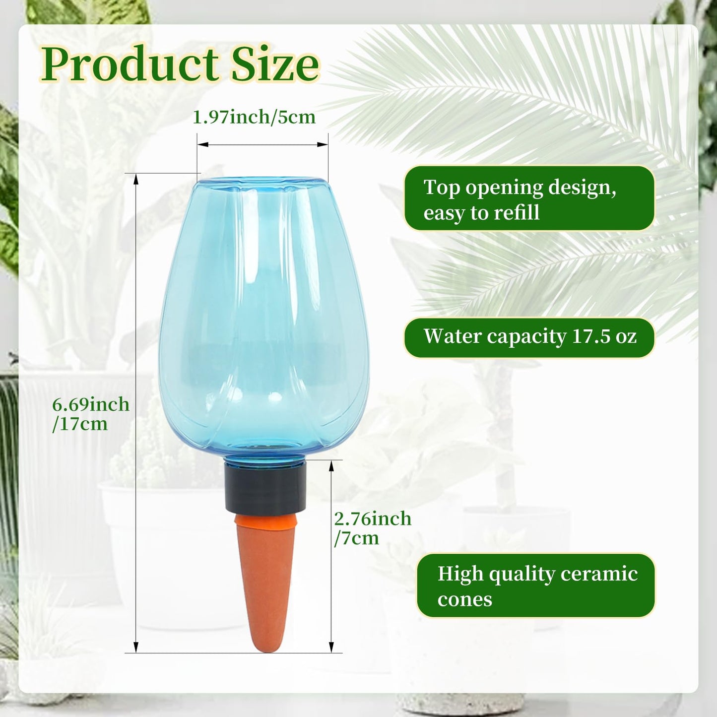 GEWOSI 6pcs Plant Self Watering Globes, Plastic Water Bulbs Top Fill, 12.3 oz Plant Watering Devices System Slow Release Terracotta, Water Spikes Stakes for Indoor (Blue-6pack)