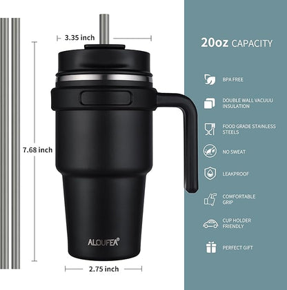 20 oz Insulated Coffee Mug Tumbler with Handle, Stainless Steel Travel Mug Tumbler with Lid and Straw, Double Wall Vacuum Leak Proof Ice Coffee Thermal Cup, Plum