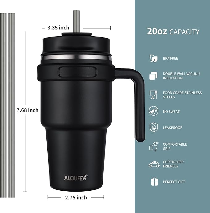 20 oz Insulated Coffee Mug Tumbler with Handle, Stainless Steel Travel Mug Tumbler with Lid and Straw,Double Wall Vacuum Leak Proof Ice Coffee Thermal Cup, Black and Army Green