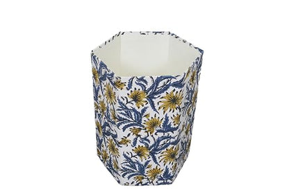 3.3 Gallon Cotton Hand Block Printed Paper Waste Basket |Small Decorative Trash Can for Housewarming Gifts in Living Room, Bedroom, Bathroom | Eco-Friendly, Plastic-Free (1, Blue Yellow FLOWAR)