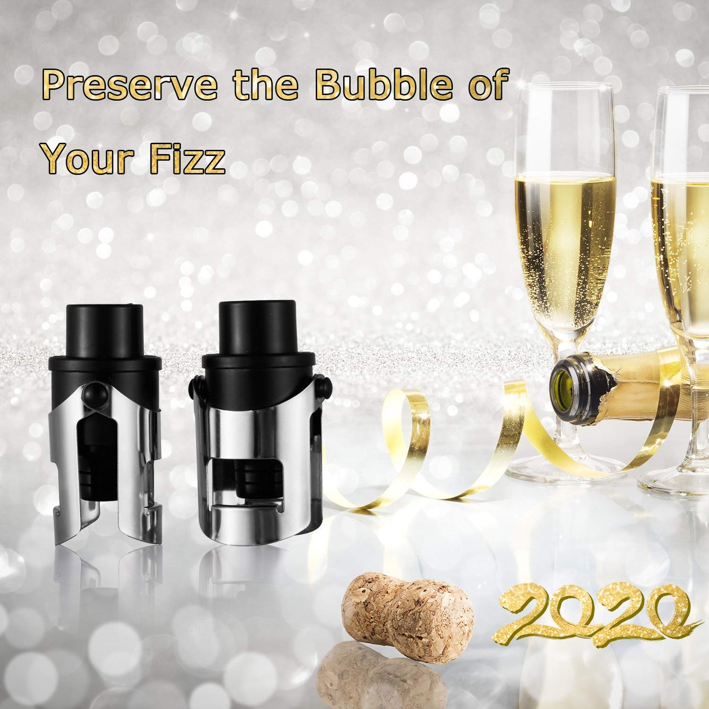 HYZ 2-Pack Champagne Stoppers with Built-in Vacuum Pump, Black
