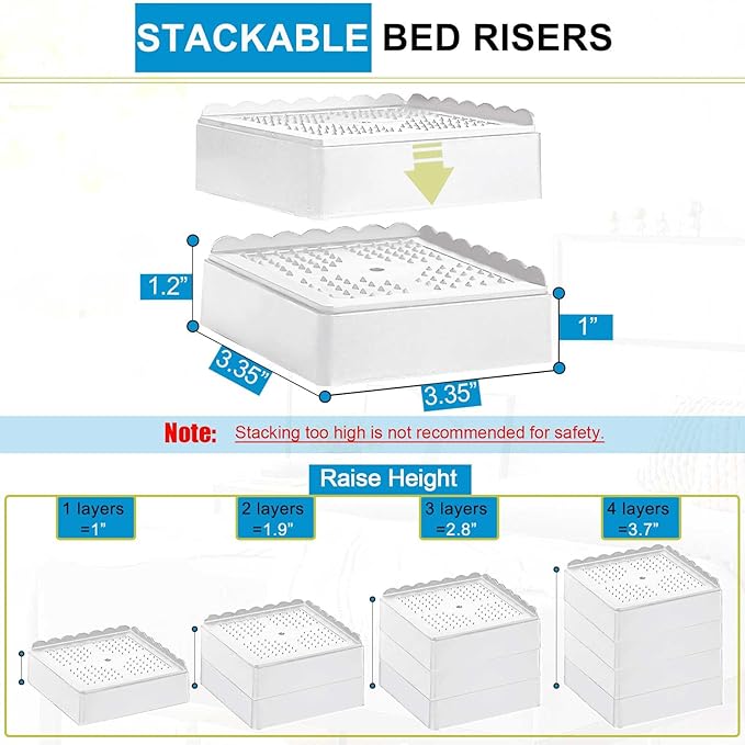 Bed Risers 1 inch, 2 inch, 3 inch, 4 inch Heavy Duty, Adjustable Furniture Riser