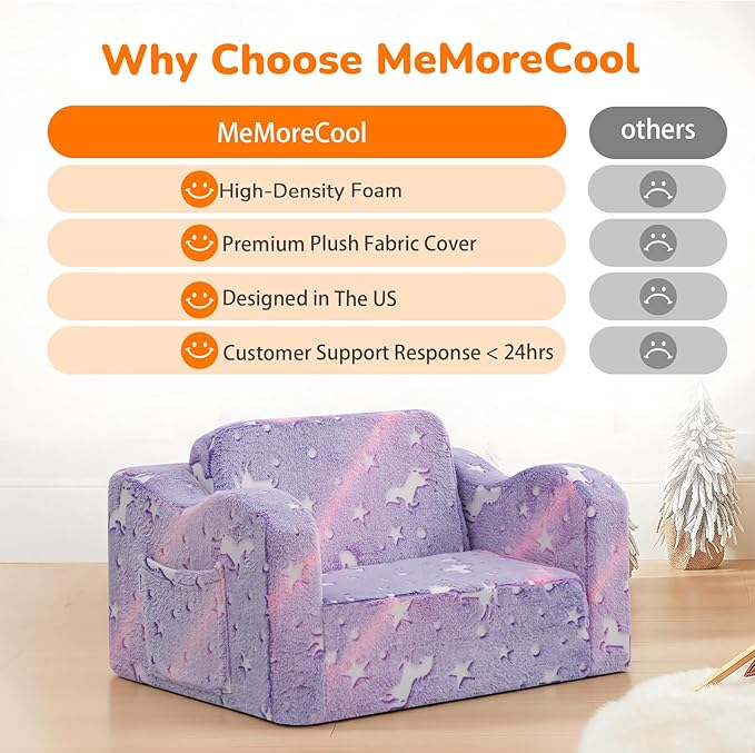 MeMoreCool Glowing Lavender Unicorn Kids Chair, 2-in-1 Convertible Kids Couch