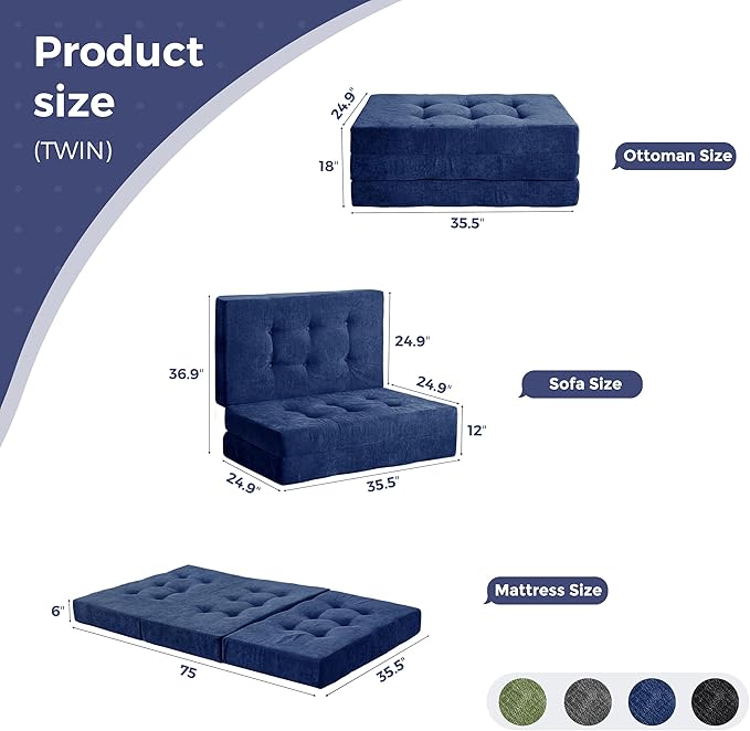 MAXYOYO 6" Folding Sofa Bed for Floor, Tufted Tri-Fold Floor Mattress