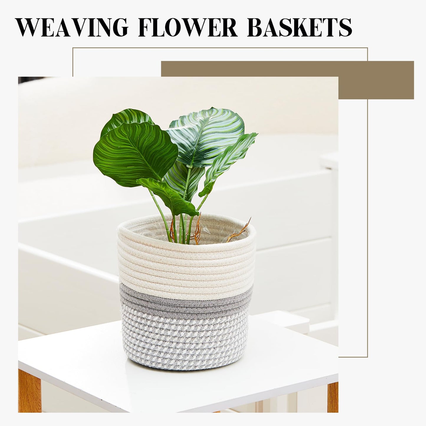 FoldTier 3 Pcs Cotton Rope Plant Basket with Plastic Liner Rustic Plant Basket Planters Modern Woven Decorative Pots for Home Flower Indoor Storage Decor, 7.5 x 6.5 Inches(White, Gray)