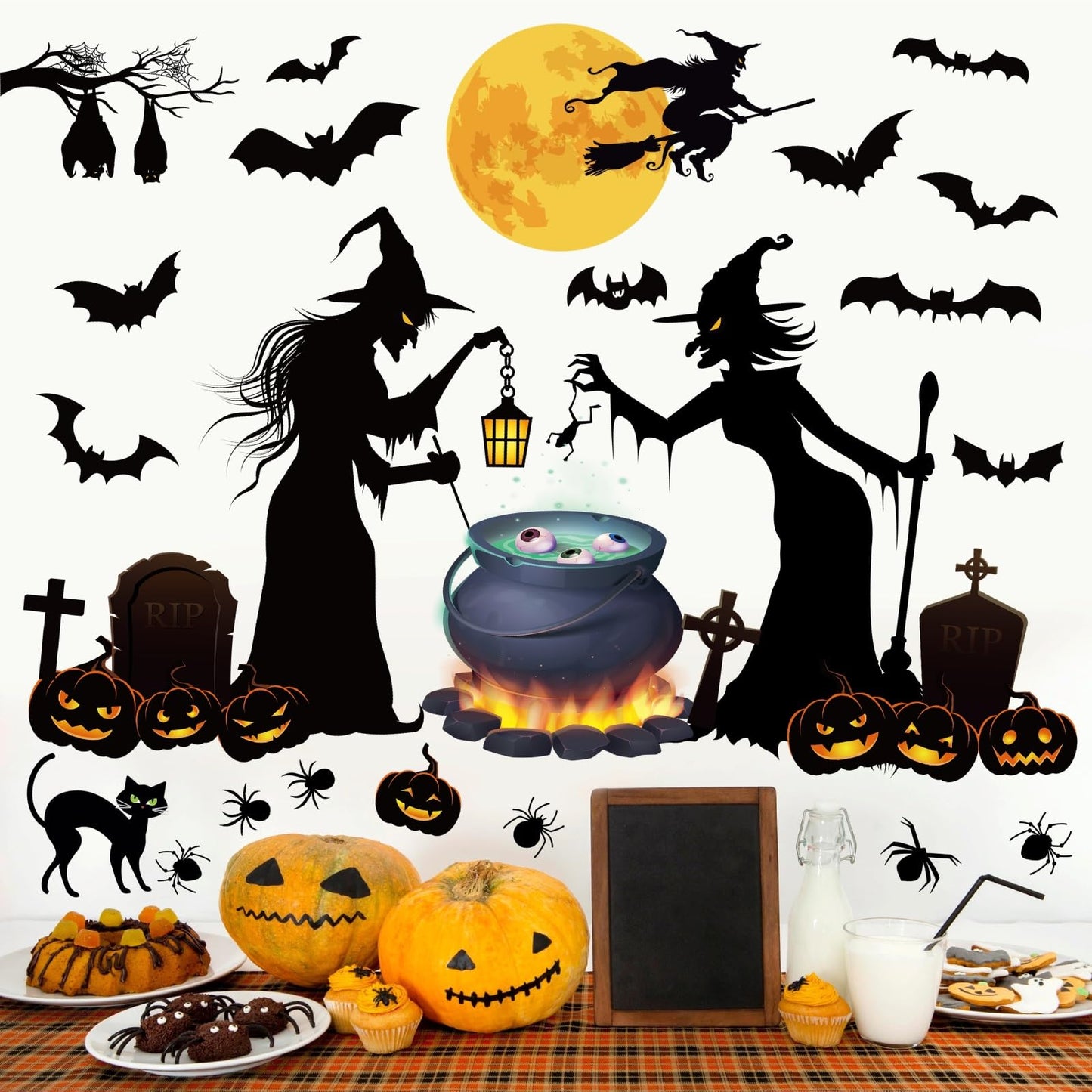 Halloween Wall Stickers Halloween Witch Bats Pumpkin Moon Wall Decals for Kids Bedroom Living Room Peel and Stick for Halloweens Nursery Party Supplies Decorations