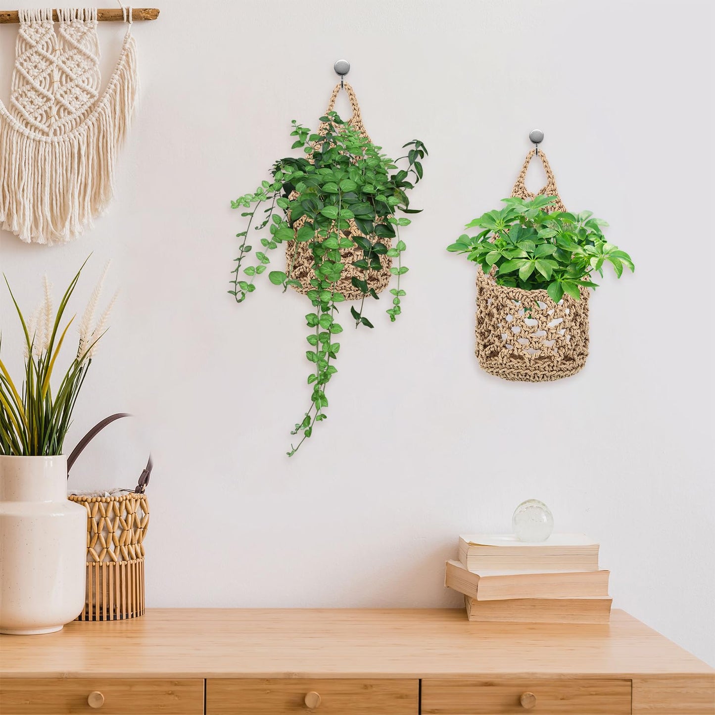 Foxtell 6 Pack Macrame Plant Hangers, 9.4” x 5.1” Cotton Wall Hanging Plant Baskets, Boho Woven Hanging Storage Flower Baskets for Indoor Outdoor Plants, Herbs & Home Decor
