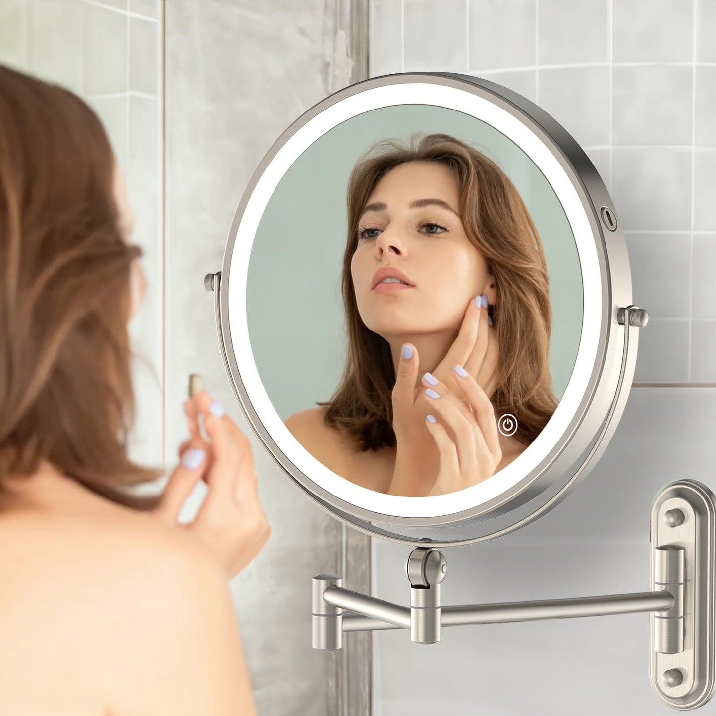 9" Wall Mounted Makeup Lighted Mirror, 4000mAh Rechargeable Double Sided LED Vanity Mirror with Height Adjustable&1X/10X Magnification, 3 Color Lights Touch Screen Dimmable 360°Swivel Bathroom Mirror