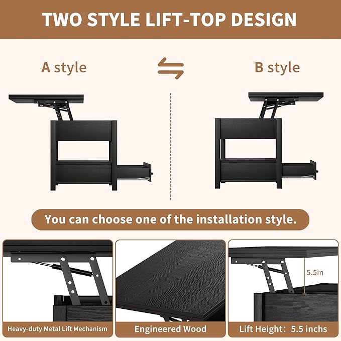 SYESWAY 42'' Lift Top Coffee Table, 4-in-1 Multifunctional Lift Coffee Table
