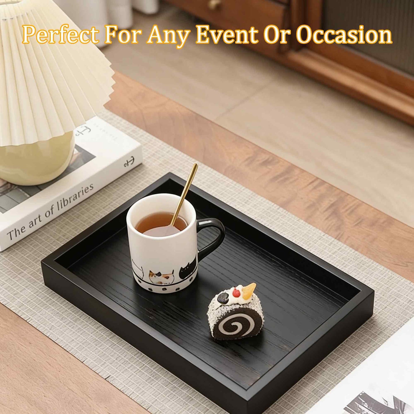 AUXBC 12x8 Inch Black Wood Serving Tray with Raised Edges, Rectangle Decorative Platter for Kitchen Home Decor, Wooden Charcuterie Board for Snacks Appetizers Coffee Tea Breakfast Food Display