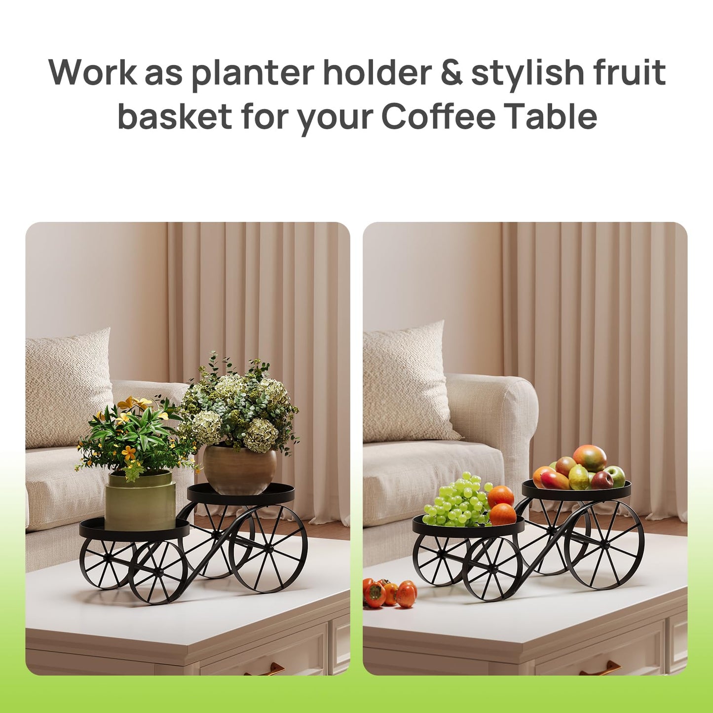 Cute Plant Stand Indoor Outdoor 2-Tier Metal Heavy Duty Flower Pot Holder with Decorative wagon wheels, Multi-Use Planter Display Rack Shelf for Garden Patio Balcony Living Room Corner (Black)