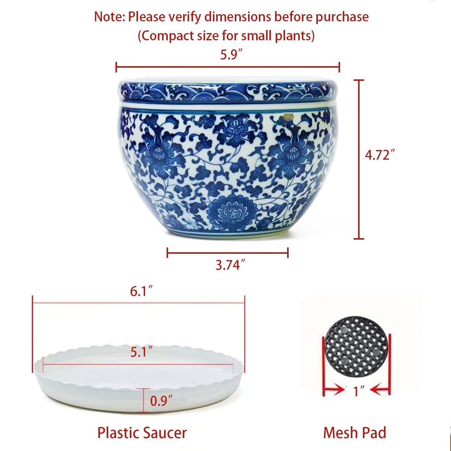ZENSOAR Blue and White Chinoiserie Planter, Blue and White Flower Pot for Indoor Plants, Oriental Pots for Plants, Oriental Porcelain Chinoiserie Pot, Ceramic Asian Planter