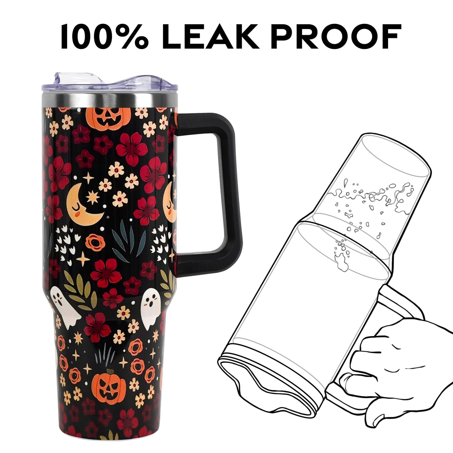 Halloween Tumbler with Lid and Straw 40oz,Fall Skulls Ghost Pumpkins Flower Vacuum Insulated Leak Proof Tumbler,Goth Cute Spooky Gift Women Girls,Thanksgiving Accessories Stainless Steel Coffee Cup