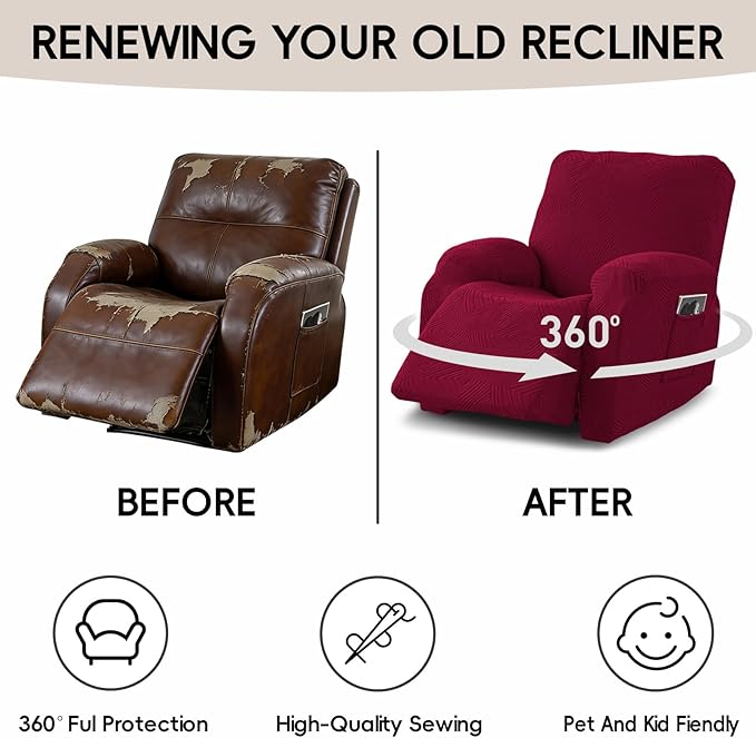 Oversized Recliner Chair Covers, 4-Piece Stretch Geometric Strokes Jacquard