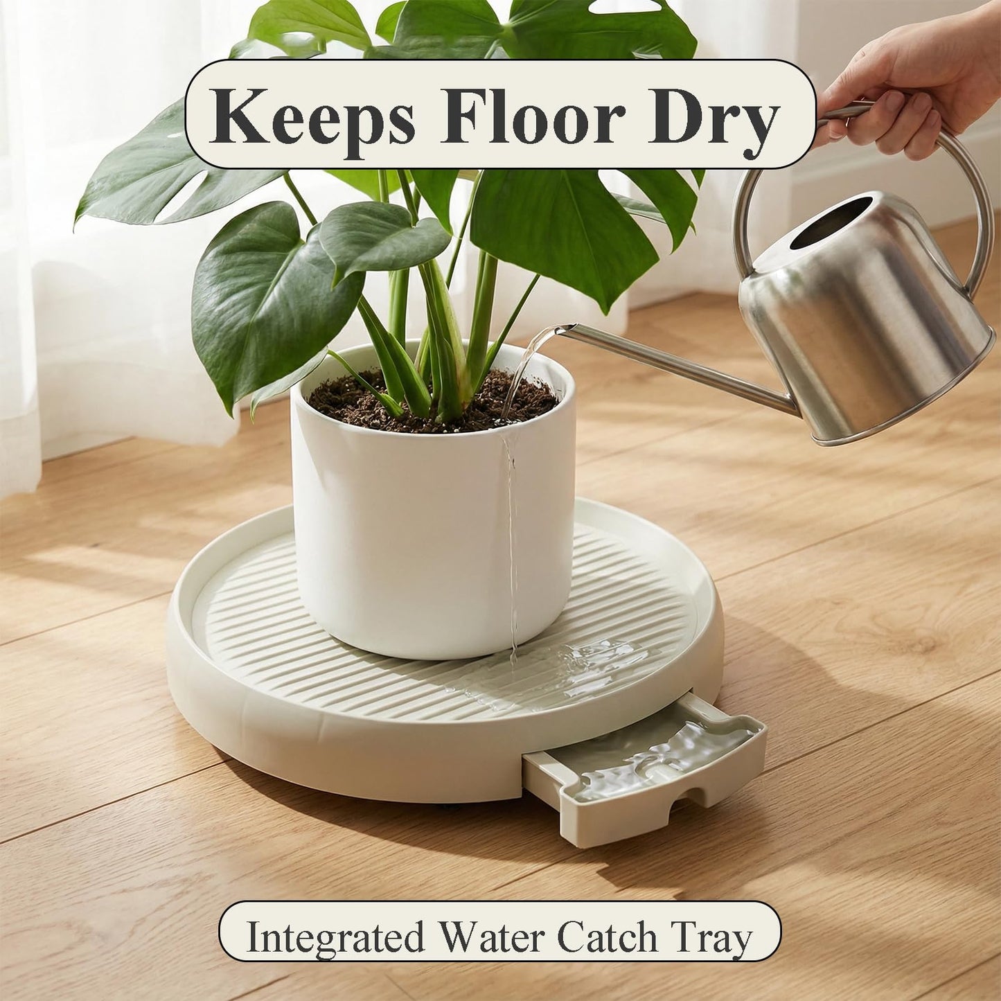 3 Pack 13 Inch Plant Caddy with Hidden Wheels and Water Tray Rolling Plant Stand with Wheels Heavy Duty Plant Dolly Roller Base with Wheels Round Flower Pot Rack Holder Planter Trolley Tray, Beige