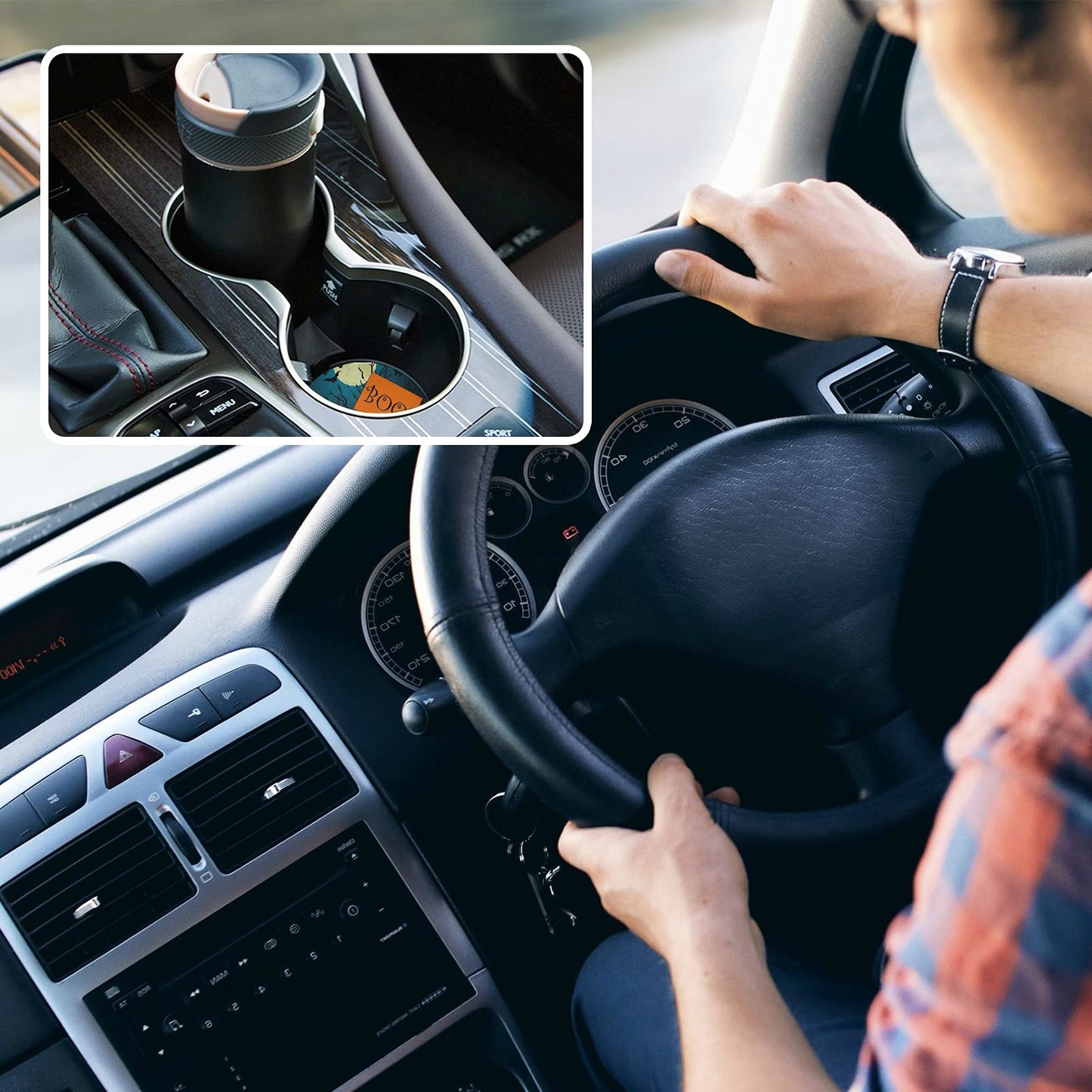 Halloween Cute Ghost Car Coasters for Cup Holder Drinks 2 Pcs Absorbent Ceramic Coasters with Cork Base for Universal Car Cupholders