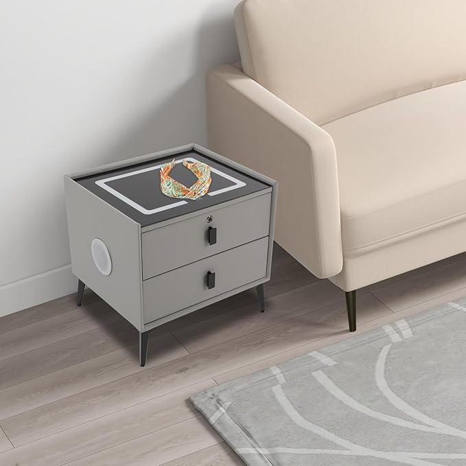 Smart Nightstand w/Fingerprint Lock Drawers, Smart Bedside Table w/USB Charging
