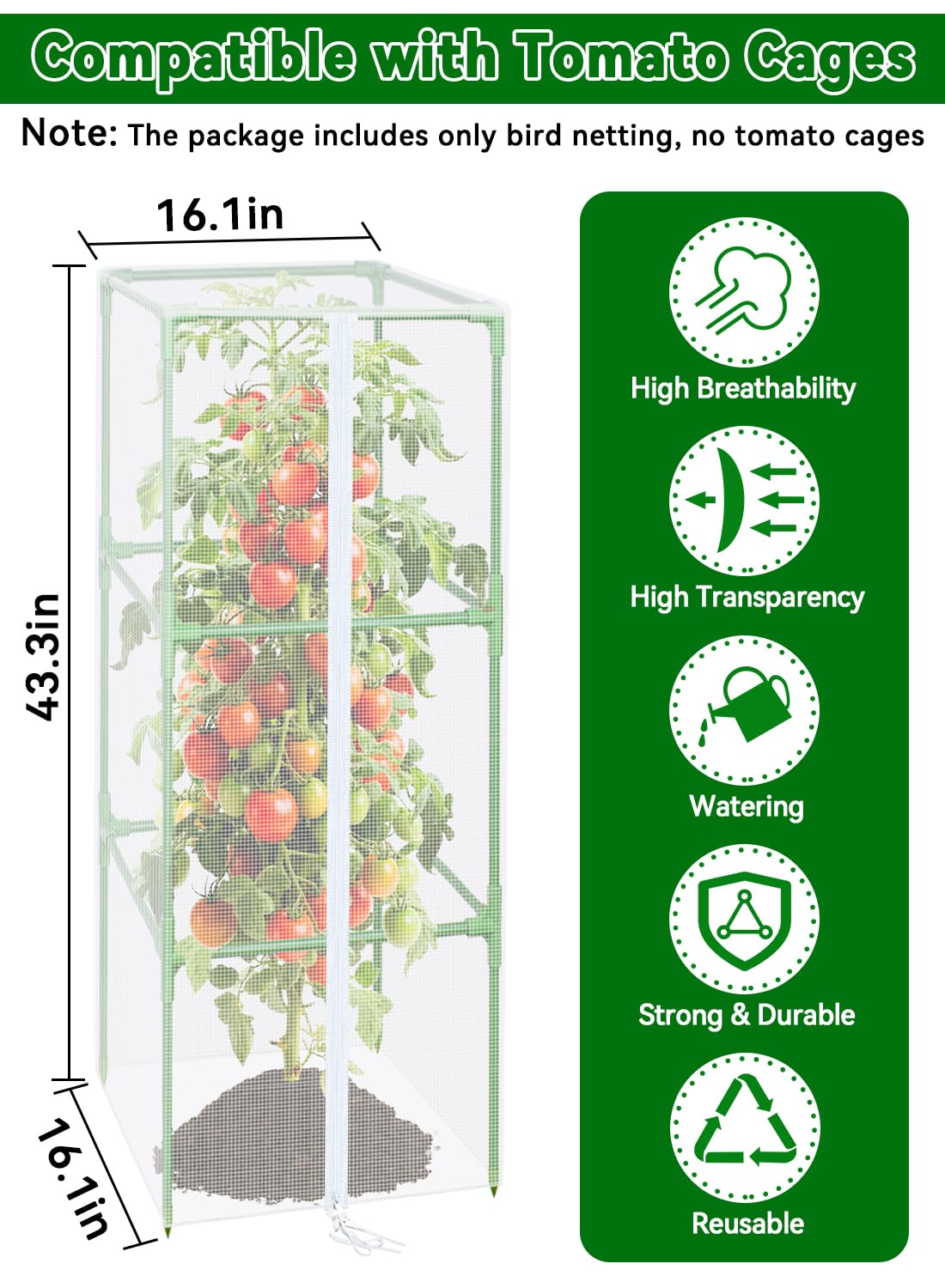 ZeeDix 43.3" x 16.1" Garden Bird Netting for Square Tomato Cage, 6 Pack Garden Mesh Barrier, Plant Covers Protect Tomatoes, Vegetables, Blueberry Bush from Birds & Pests
