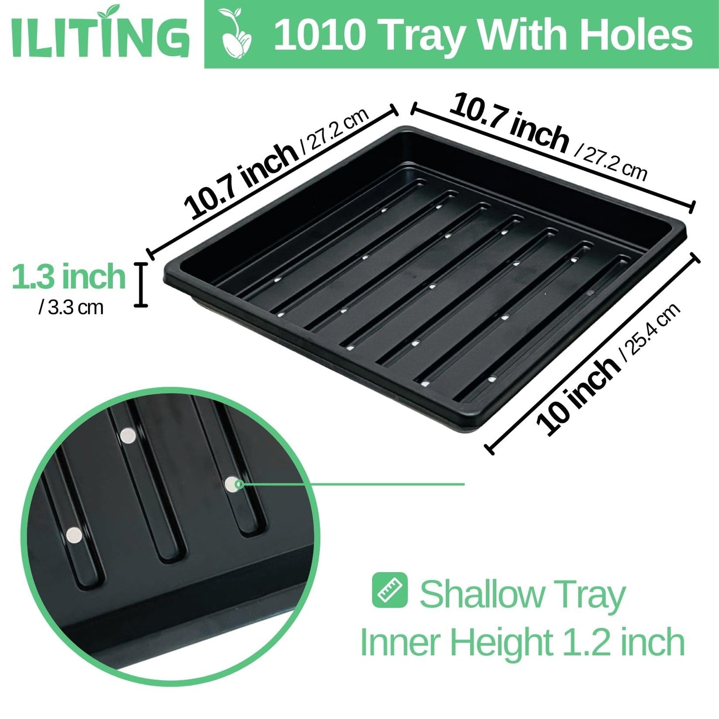ILITING Plant Growing Trays for Seedlings Microgreen Seed Starter Shallow Plants Tray Standard 1010 Tray with Drain Holes 10 Pack Black 10.7 x 10.7 inches Square Trays