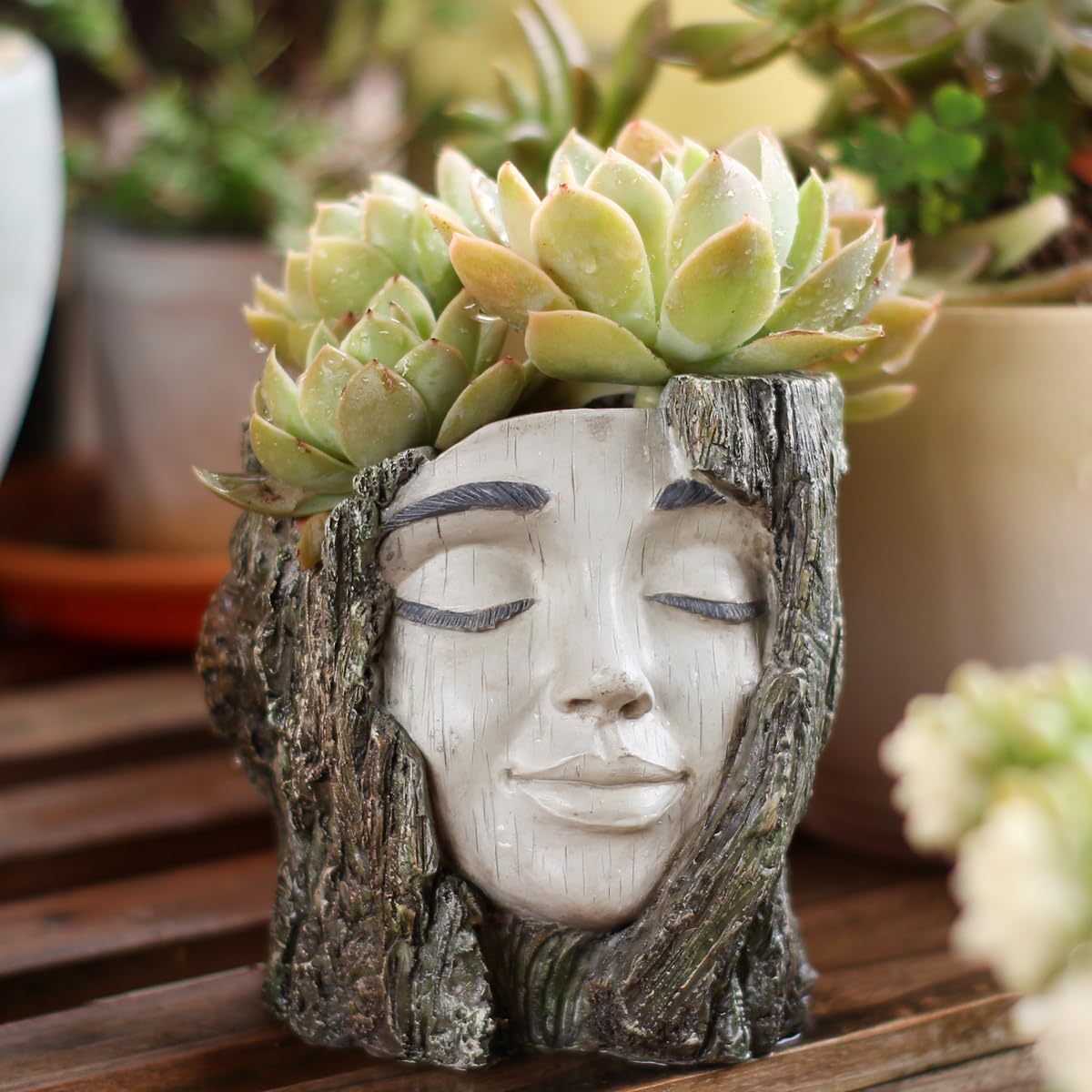YOYLMAL Tree Stump Face Planter Pot, 4.9” Resin Women's Head Succulent Planter for Indoor Outdoor Plants, Unique Flower Pot with Drainage Hole, Gifts for Women Mom