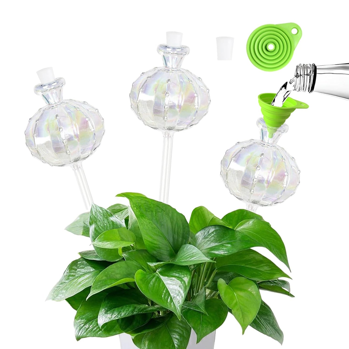OYSIR 3 PCS Top-Fill Self Watering Globes, Automatic Plant Watering Devices, Transparent Self Watering Planter Insert, Durable Clear Glass Aqua Bulbs for Indoor, Cactus Shape, & Funnel