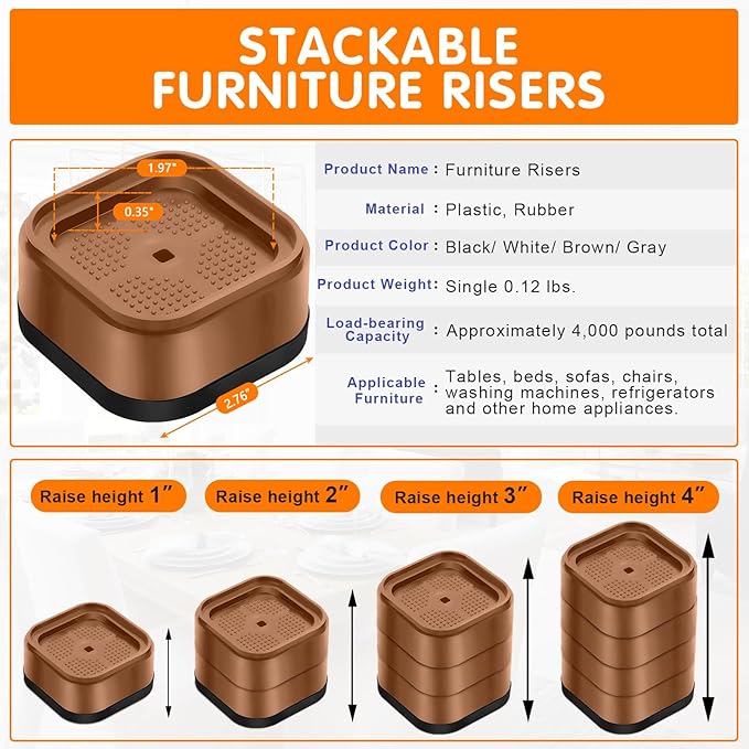 shouwuhho 4 Pack Furniture Risers Adjustable Bed Risers Heavy Duty Lifts Height