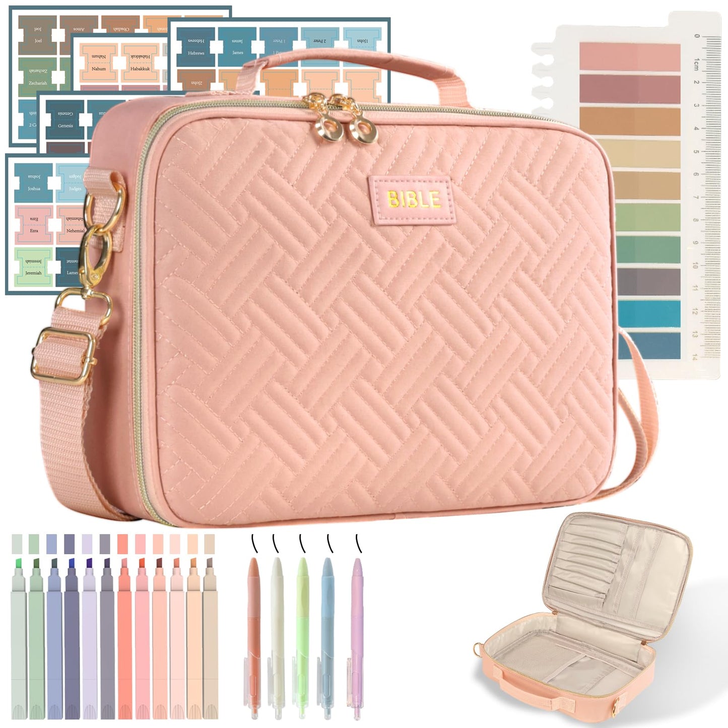 Raizestilo Bible Cover for Women Bible Case, Large Bible Bag, Bible Study Supplies Bible Journaling Kit Book Carrying Case with Bible Highlighters Tabs, Valentines Day Christian Gifts for Women（Pink