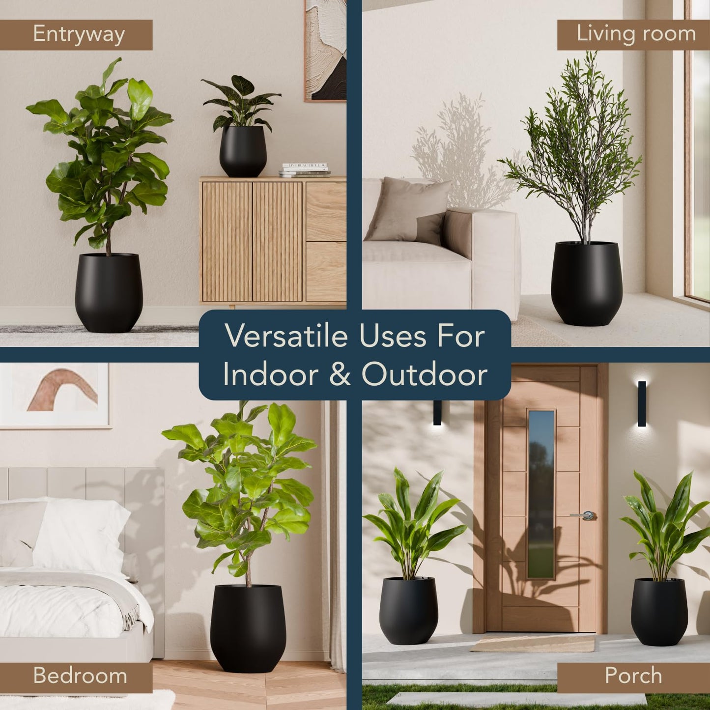 KUTE NEST 12.5" H x 11.4" D Premium Corso Fiberstone Round Tapered Planter with Drainage Hole, Weather Resistant for Indoor and Outdoor Use, Included 2 Extra Coco Mats (Black, 9" Pot Opening)