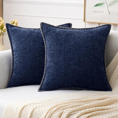 MIULEE Pack of 2 Euro Sham Pillow Covers 24x24 Inch Navy Blue Farmhouse Decorative Throw Pillow Covers with Stitched Edge Soft Chenille Solid Dyed Pillow Covers for Bed Sofa Couch Living Room