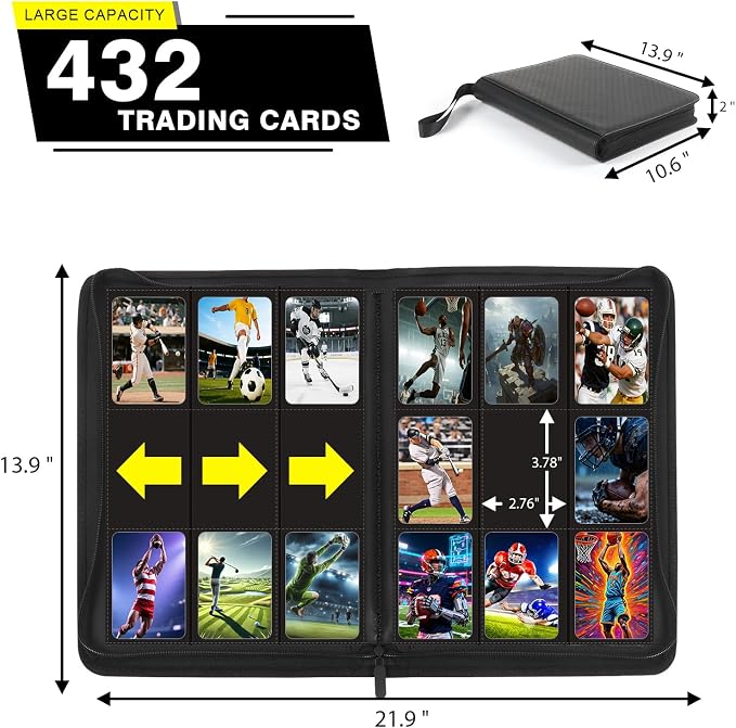 9-Pocket Card Binder - Holds 432 Cards, Premium Zippered Card Album Folder, 24 Side Loading Pages, Compatible with Penny Sleeves for Basketball Football, TCG, and Game Card Storage & Display(Black)